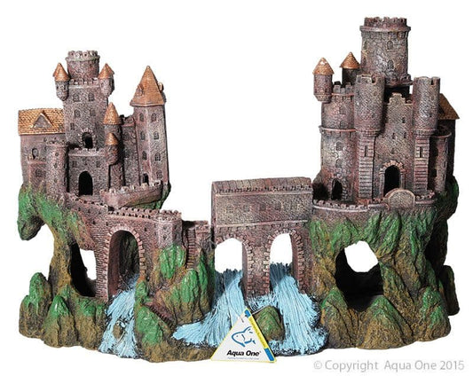 2pc Aqua One Large Medieval Castle with River Aquarium Fish Tank Resin Ornament