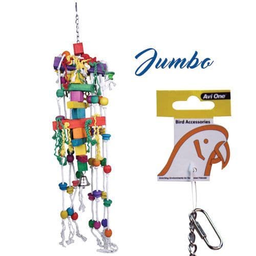 Parrot Toy Coloured Wood & Rope Solid Block Beads Bell 120cm L Jumbo (22562)