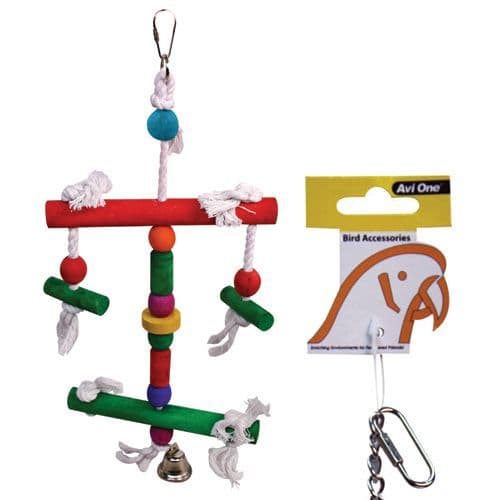 Parrot Toy Coloured Wood & Rope Two Level Perch Bell 41cm L (22561)